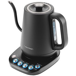 chefman truetemp precision control gooseneck kettle, internal custom temperature control and 6 one-touch presets, boil-dry protection auto shut-off for safety, for pour over coffee and tea, black