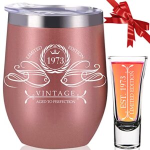 50th birthday gifts for women - 1973 wine tumbler & shot glass funny bday present ideas cheers to 50 year old her, wife, daughter, sister, girlfriend, anniversary from mom, dad, husband decorations