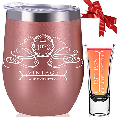 50th Birthday Gifts For Women - 1973 Wine Tumbler & Shot Glass Funny Bday Present Ideas Cheers To 50 Year Old Her, Wife, Daughter, Sister, Girlfriend, Anniversary From Mom, Dad, Husband Decorations