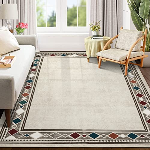 ROYHOME Washable Area Rug for Living Room Contemporary Bordered Floorcover Indoor Carpet Contemporary Geometric Bordered Accent Area Rugs for Bedroom, Home Office, Beige, 5 x 7 Feet