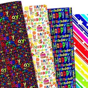 THMORT Birthday Wrapping Paper for Kids, Boys&Girls, Adults.Gift Wrapping Paper sheet With Black Background, Rainbow Star Stripe Happy Birthday for Baby Shower,Pack of 12 Sheets 20 X 29 Inch.