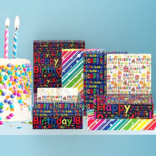 THMORT Birthday Wrapping Paper for Kids, Boys&Girls, Adults.Gift Wrapping Paper sheet With Black Background, Rainbow Star Stripe Happy Birthday for Baby Shower,Pack of 12 Sheets 20 X 29 Inch.