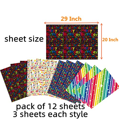 THMORT Birthday Wrapping Paper for Kids, Boys&Girls, Adults.Gift Wrapping Paper sheet With Black Background, Rainbow Star Stripe Happy Birthday for Baby Shower,Pack of 12 Sheets 20 X 29 Inch.