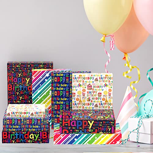 THMORT Birthday Wrapping Paper for Kids, Boys&Girls, Adults.Gift Wrapping Paper sheet With Black Background, Rainbow Star Stripe Happy Birthday for Baby Shower,Pack of 12 Sheets 20 X 29 Inch.