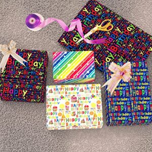 THMORT Birthday Wrapping Paper for Kids, Boys&Girls, Adults.Gift Wrapping Paper sheet With Black Background, Rainbow Star Stripe Happy Birthday for Baby Shower,Pack of 12 Sheets 20 X 29 Inch.