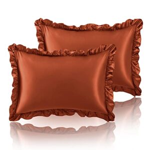 SiinvdaBZX Ruffled Queen Satin Pillowcase Set of 2, Burnt Orange Silky Satin Pillow Cases for Women Ruffle Pillow Shams Covers Princess Room Decoration, with Envelope Closure