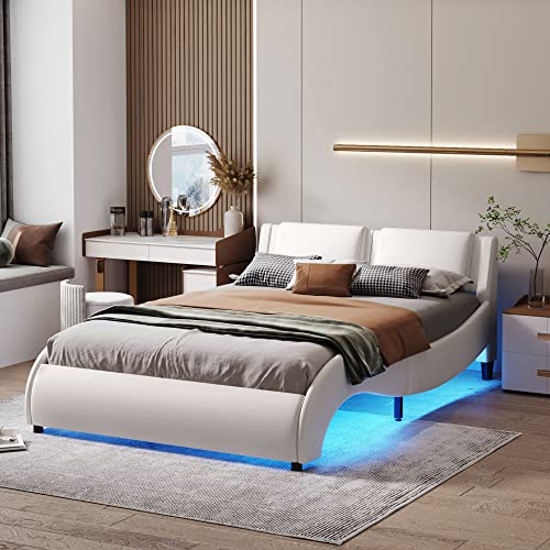 Modern Full Size Upholstered Platform Bed with LED Light Headboard, Metal Faux Leather Upholstered Platform Bed Frame with Wooden Slatted, Wave-Like Bed for Kids Teens Adult Bedroom (White-Full)