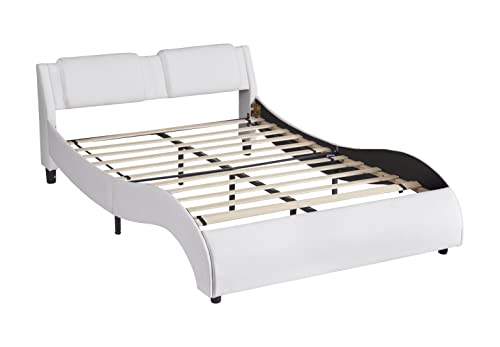 Modern Full Size Upholstered Platform Bed with LED Light Headboard, Metal Faux Leather Upholstered Platform Bed Frame with Wooden Slatted, Wave-Like Bed for Kids Teens Adult Bedroom (White-Full)