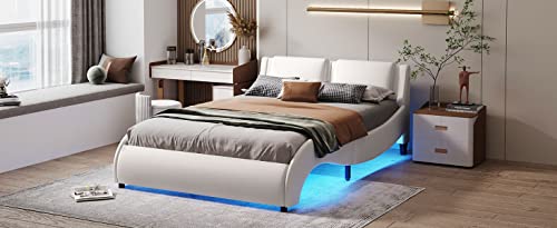 Modern Full Size Upholstered Platform Bed with LED Light Headboard, Metal Faux Leather Upholstered Platform Bed Frame with Wooden Slatted, Wave-Like Bed for Kids Teens Adult Bedroom (White-Full)