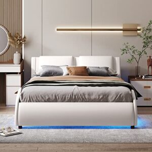 Modern Full Size Upholstered Platform Bed with LED Light Headboard, Metal Faux Leather Upholstered Platform Bed Frame with Wooden Slatted, Wave-Like Bed for Kids Teens Adult Bedroom (White-Full)