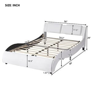 Modern Full Size Upholstered Platform Bed with LED Light Headboard, Metal Faux Leather Upholstered Platform Bed Frame with Wooden Slatted, Wave-Like Bed for Kids Teens Adult Bedroom (White-Full)