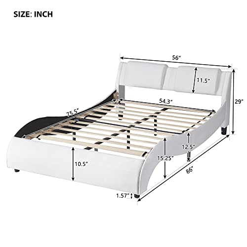 Modern Full Size Upholstered Platform Bed with LED Light Headboard, Metal Faux Leather Upholstered Platform Bed Frame with Wooden Slatted, Wave-Like Bed for Kids Teens Adult Bedroom (White-Full)