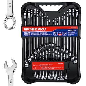 workpro 32-piece sae & metric combination wrench set, 12 pt regular and stubby wrenches set with organizer tray, cr-v steel mirror chrome polished