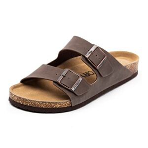 fitory mens leather cork sandals with two buckles,open toe slides for indoor and outdoor brown size 12-12.5