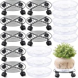 8 pack metal plant stand plant dolly with wheels iron rolling plant stand with casters heavy duty round flower pot rack with 8 pcs plastic saucers for indoor outdoor plant pot (black,10.6 inch)