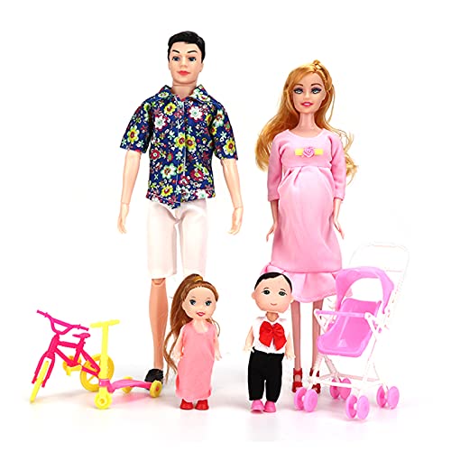 Vakitar Family Dolls Set of Dad Pregnant Mom Girl Boy Children Role Play House Toy Gift,for Home (Printed Blue T+Pregnant Powder)