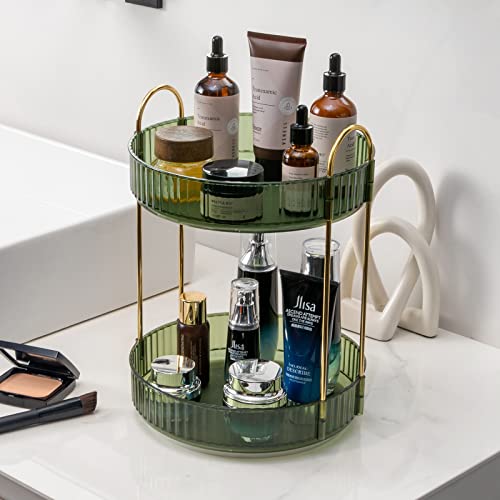 360° Rotating Makeup Organizer, Bathroom Makeup Carousel Spinning Holder Rack, Large Capacity Cosmetics Storage Vanity Shelf Countertop, Fits Cosmetics, Perfume, Skin Care, Lipsticks(2 Tiers, Green)