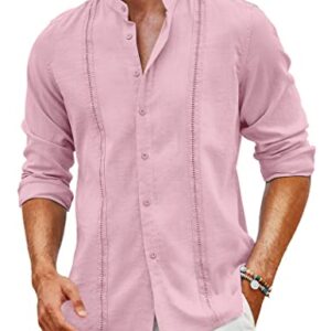 COOFANDY Men's Collarless Shirts Long Sleeve Linen Button Up Dress Shirt Casual Beach Tops Light Pink