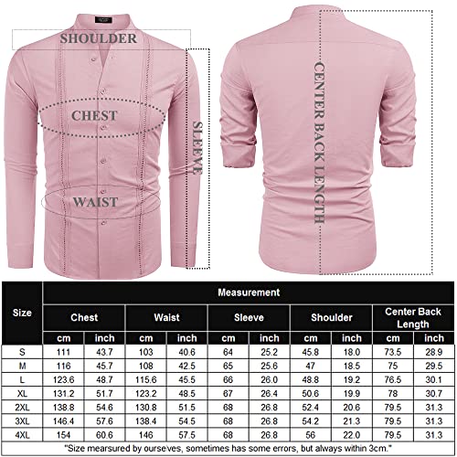 COOFANDY Men's Collarless Shirts Long Sleeve Linen Button Up Dress Shirt Casual Beach Tops Light Pink