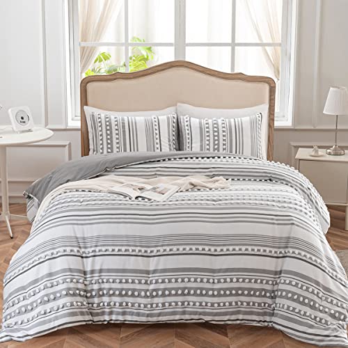 SLEEPBELLA Boho California King Comforter Set, Grey and White Tufted Ball Pom Striped Design, Extra Fluffy Bed Comforter 3pcs （1 Comforter with 2 Pillowcases）