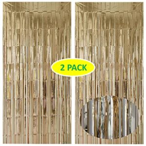buyuget 2 pack large 3.2 x 8.2 ft champagne gold tinsel foil fringe backdrop curtain party decoration - doorway streamer curtain photo backdrop for birthday wedding engagement party decor