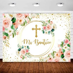 pink mi bautizo backdrop god bless baptism first holy communion party decorations for girl angel watercolor floral glitter gold cross background christening newborn baby shower photo booth props 7x5ft
