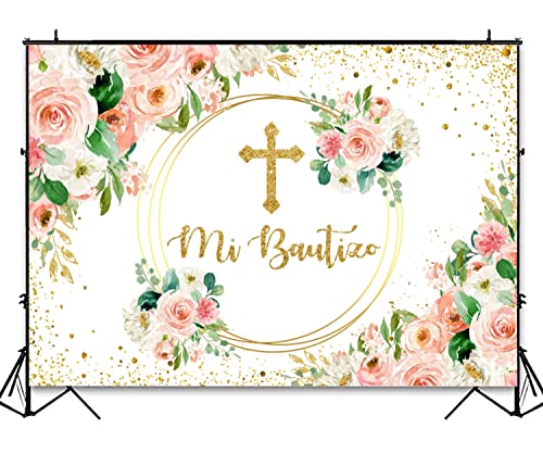 Pink Mi Bautizo Backdrop God Bless Baptism First Holy Communion Party Decorations for Girl Angel Watercolor Floral Glitter Gold Cross Background Christening Newborn Baby Shower Photo Booth Props 7x5ft