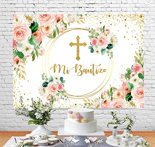 Pink Mi Bautizo Backdrop God Bless Baptism First Holy Communion Party Decorations for Girl Angel Watercolor Floral Glitter Gold Cross Background Christening Newborn Baby Shower Photo Booth Props 7x5ft