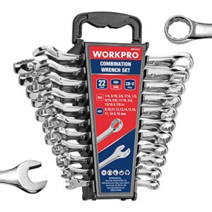 workpro mechanics wrench set metric and standard, 22pcs complete combination wrenches set. sae 1/4" to 3/4", metric 9mm to 19mm, automotive wrench set with rack organizer
