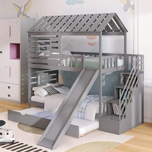 pociyihome twin over twin house bunk bed with trundle and slide & storage staircase, roof design with window for kids,teens,girls,boys bedroom, space-saving design, no box spring needed, gray