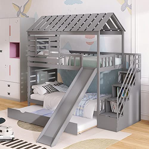 POCIYIHOME Twin Over Twin House Bunk Bed with Trundle and Slide & Storage Staircase, Roof Design with Window for Kids,Teens,Girls,Boys Bedroom, Space-Saving Design, No Box Spring Needed, Gray