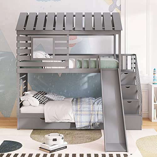 POCIYIHOME Twin Over Twin House Bunk Bed with Trundle and Slide & Storage Staircase, Roof Design with Window for Kids,Teens,Girls,Boys Bedroom, Space-Saving Design, No Box Spring Needed, Gray