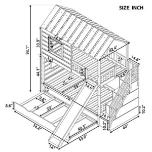 POCIYIHOME Twin Over Twin House Bunk Bed with Trundle and Slide & Storage Staircase, Roof Design with Window for Kids,Teens,Girls,Boys Bedroom, Space-Saving Design, No Box Spring Needed, Gray