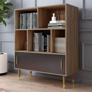 cube bookshelf 3 tier mid-century modern bookcase with doors & legs, retro wood storage organizer shelf, free standing open book shelves rustic brown display bookcases for bedroom, living room, office