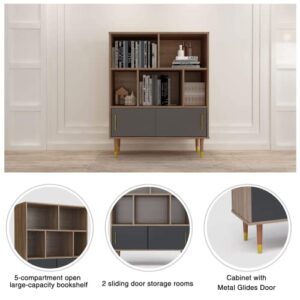 Cube Bookshelf 3 Tier Mid-Century Modern Bookcase with Doors & Legs, Retro Wood Storage Organizer Shelf, Free Standing Open Book Shelves Rustic Brown Display Bookcases for Bedroom, Living Room, Office