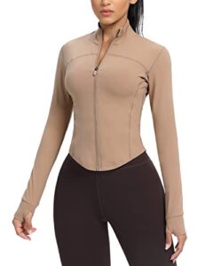 avgo women's cropped running workout jackets zip slim fit athletic tops with thumb holes(cream coffee, s)