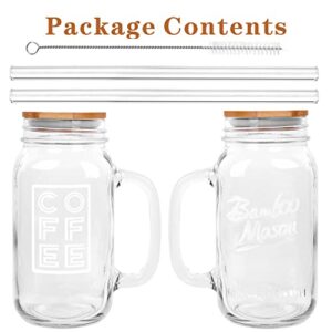 Mason Jar Iced Coffee Cup with Lid and Straw, 24oz Regular Mouth Mason Jars with Handle Glass Coffee Drinking Glasses Tumbler Reusable Boba Cups Bottles for Iced Coffee Cups for Travel Office Home