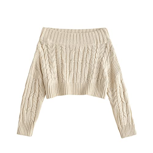 ZAFUL Women Off Shoulder Cable Knit Crop Tops Sweater Long Sleeve Cropped Pullover Sweaters Batwing Jumper