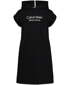 calvin klein girls' performance logo sweatshirt dress, fleece hoodie with long or short sleeves, black 936, 7