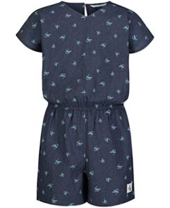 calvin klein girls' short sleeve lightweight denim romper, jean jumpsuit with button closure , dark chambray grid, 12-14