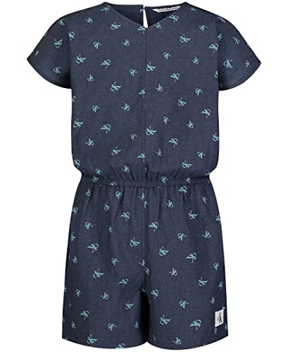 Calvin Klein Girls' Short Sleeve Lightweight Denim Romper, Jean Jumpsuit with Button Closure , Dark Chambray Grid, 12-14