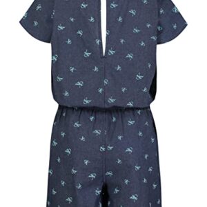 Calvin Klein Girls' Short Sleeve Lightweight Denim Romper, Jean Jumpsuit with Button Closure , Dark Chambray Grid, 12-14