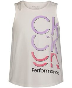 calvin klein girls' performance tank top, sleeveless & crew-neck neckline, logo detailing, white cut out