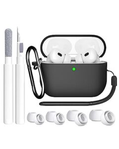 supfine compatible with airpods pro 2nd generation case, airpod pro case cover 2022/2019 with cleaner kit&replacement eartips, soft silicone airpods pro case with keychain and lanyard (black)