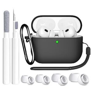 SUPFINE Compatible with Airpods Pro 2nd Generation Case, Airpod Pro Case Cover 2022/2019 with Cleaner kit&Replacement Eartips, Soft Silicone Airpods Pro Case with Keychain and Lanyard (Black)