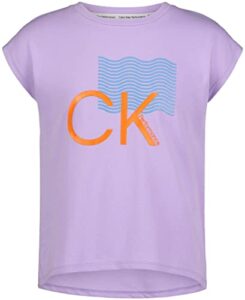 calvin klein girls' short sleeve performance t-shirt, crew-neck neckline & logo detailing, purple neowave