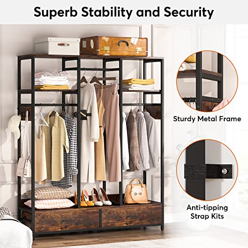 Tribesigns Freestanding Closet Organizer with 2 Drawers, 71’’H X 55’’W Heavy Duty Garment Rack with Shelves and 6 Hooks, Wardrobe Closet Clothes Rack for Hanging Clothes, Clothing Storage for Bedroom