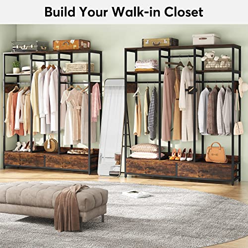 Tribesigns Freestanding Closet Organizer with 2 Drawers, 71’’H X 55’’W Heavy Duty Garment Rack with Shelves and 6 Hooks, Wardrobe Closet Clothes Rack for Hanging Clothes, Clothing Storage for Bedroom