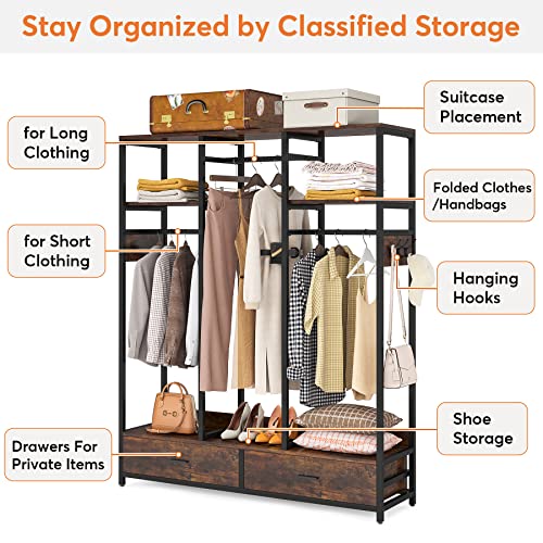 Tribesigns Freestanding Closet Organizer with 2 Drawers, 71’’H X 55’’W Heavy Duty Garment Rack with Shelves and 6 Hooks, Wardrobe Closet Clothes Rack for Hanging Clothes, Clothing Storage for Bedroom