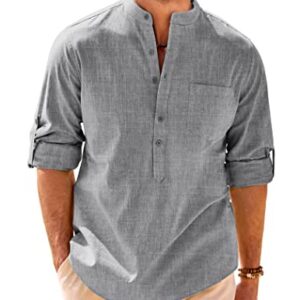 COOFANDY Men's Cotton Henley Shirt Long Sleeve Slim Fit Linen Casual Summer Beach Hippie T Shirt Light Grey